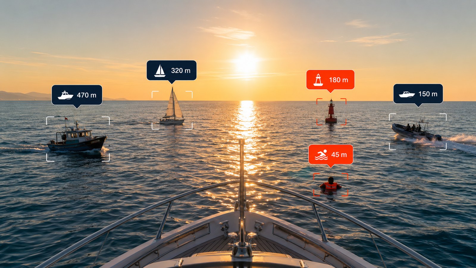 SEZEN AI detection at sea — day camera, golden hour